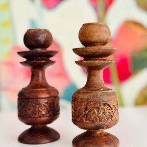 Hand Carved Floral Motif Wooden Candlestick (Set of 2)
